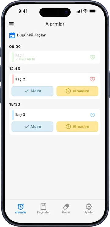 MobilTarif® Alarmlar ekranı: bugünkü ilaç saatleri ve Aldım / Almadım düğmeleri