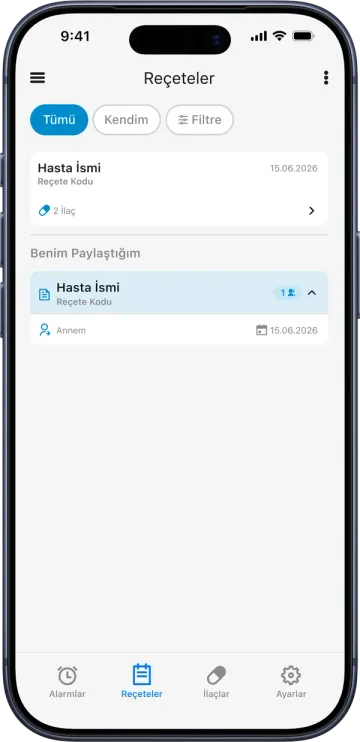 MobilTarif® Reçeteler ekranı: kayıtlı ve paylaşılan reçeteler
