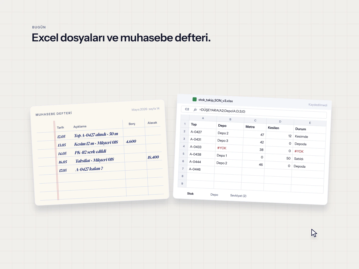 Excel dosyası ile muhasebe defterindeki çelişen kayıtlar, QR etiketli kumaş topuyla mal kabulden tahsilata tek bir akışa dönüşüyor.